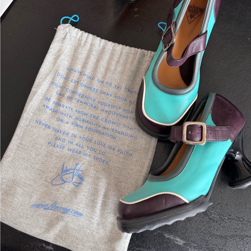 John Fluevog Turquoise and Plum Heels
